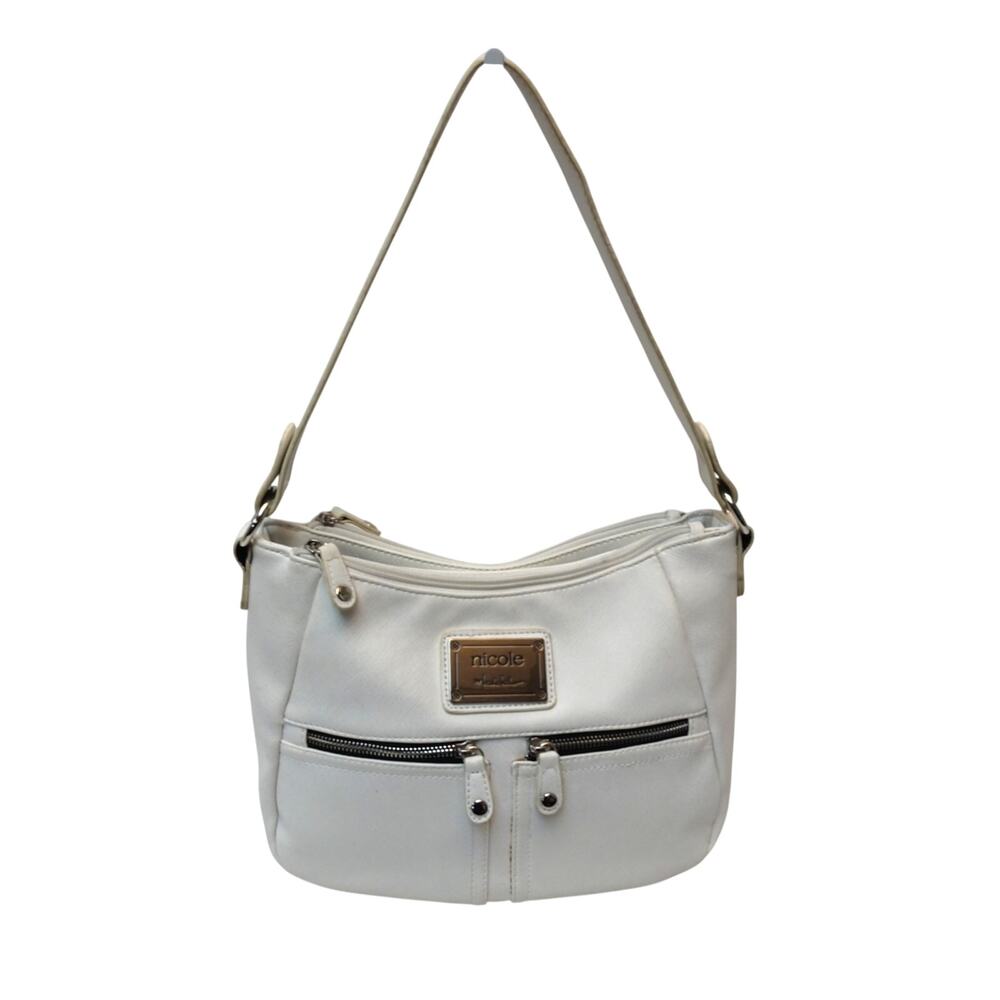 Nicole by Nicole Miller White Shoulder Bag – Faux Leather – Silver Hardware
